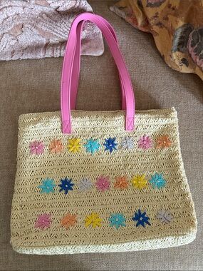 Cat & Jack Straw Tote with Pink Handles and Multicolor Flower Accents